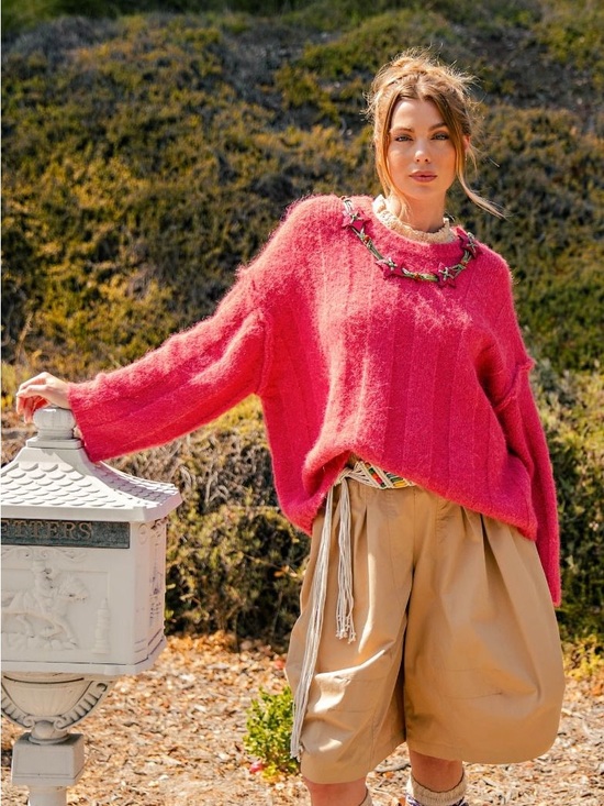easel Sweaters - 50.Easel OVERSIZED LONG SLEEVE FUZZ KNITTED SWEATER red freesia